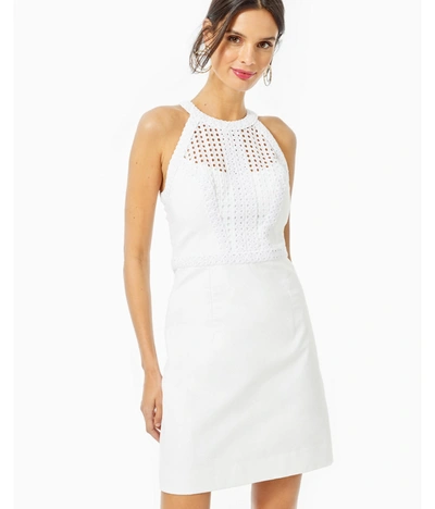 lilly pulitzer white halter dress Lilly Pulitzer White Floral Textured Sleeveless Halter Fit & Flare Dress 6