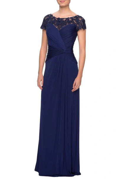 La Femme Illusion Yoke Twist Front Jersey Gown In Navy