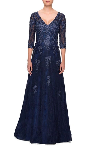 La Femme V-neck 3/4-sleeve Tulle Gown With Floral Lace Applique In Navy