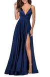 La Femme Strappy Back Satin Ballgown In Navy