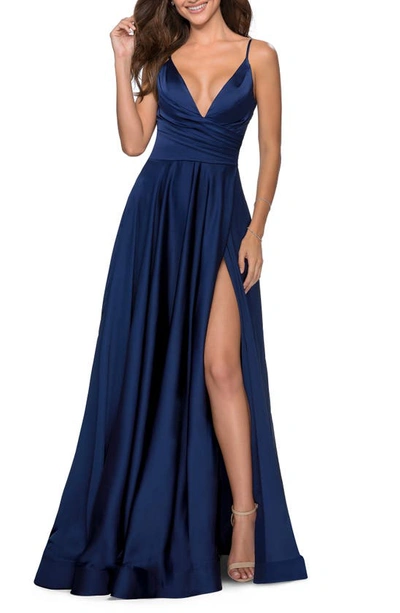 La Femme Strappy Back Satin Ballgown In Navy