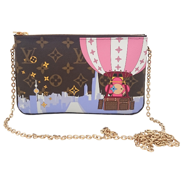 Pre-Owned Louis Vuitton Double Zip Brown Cloth Clutch Bag | ModeSens