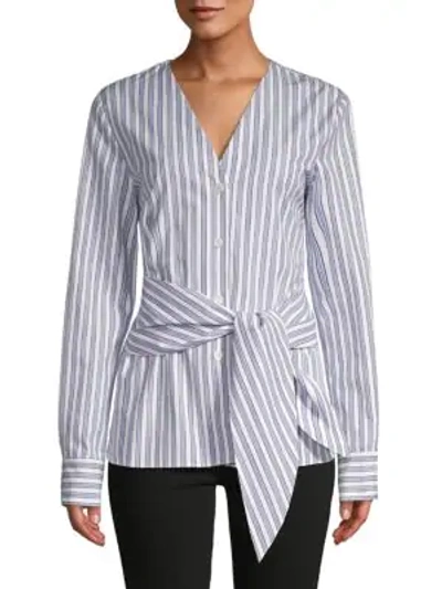 Tibi Striped Belted Cotton Top In Blue