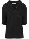 Marni Cotton Poplin Short Sleeve Polo Neck Blouse In Black