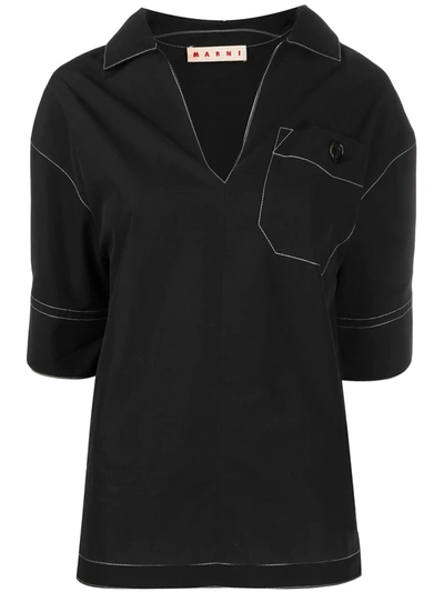 Marni Cotton Poplin Short Sleeve Polo Neck Blouse In Black