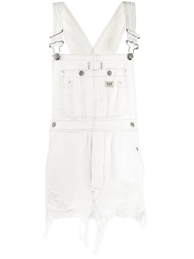 R13 Distressed Short Denim Dungarees In White