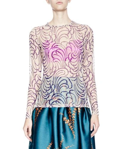 Dries Van Noten Hasty Long-sleeve Squiggle-print Tattoo Mesh Top