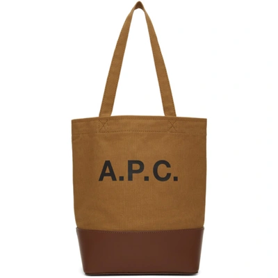 Apc Sm Logo Print Cotton & Leather Tote Bag In Camel