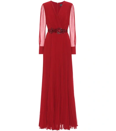 Max Mara Genarca Pleated Long Sleeve Georgette Gown In Red