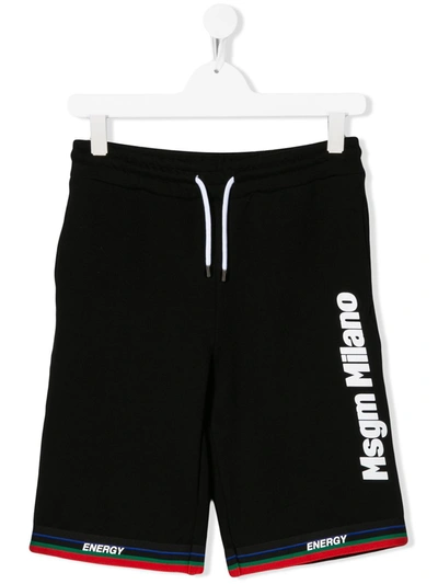 Msgm Teen Logo Print Cotton Shorts In Nero