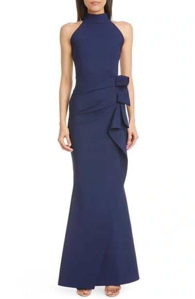Chiara Boni La Petite Robe Side Ruched Halter Gown With Asymmetric Ruffle In Blu Notte