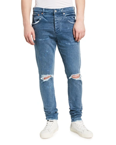 Purple Men's Dropped-fit Oversprayed Knee-rip Jeans In Blue Over Spray R