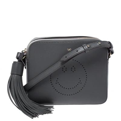 Pre-owned Anya Hindmarch Dark Grey Leather Smiley Crossbody Bag With Small Zip Around Wallet