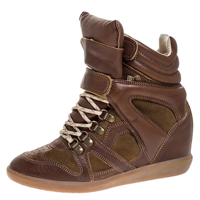 Pre-owned Isabel Marant Brown Leather And Suede Bekett Wedge Sneakers Size 38