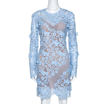 Pre-owned Self-portrait Pale Blue Floral Guipure Lace Long Sleeve Dress M