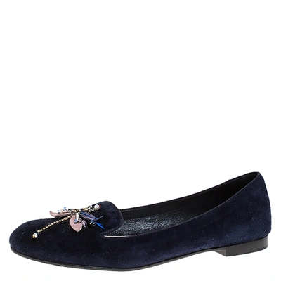 Pre-owned Dior Blue Suede Butterfly Embellished Smoking Slippers Size 38