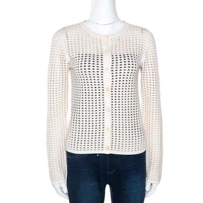 Pre-owned Chloé Naturel Perforated Merino Wool Knit Button Front Cardigan L In Cream