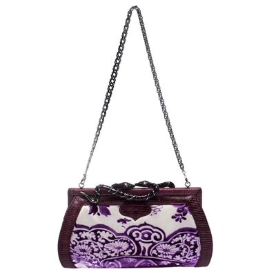 Pre-owned Roberto Cavalli Purple Satin And Lizard Embossed Leather Frame Chain Clutch