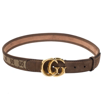 Pre-owned Gucci Ssima Canvas And Leather Gg Buckle Belt 85cm In Brown