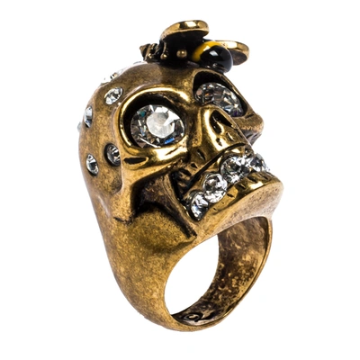 Pre-owned Alexander Mcqueen Gold Tone Crystal Skull And Bee Cocktail Ring Size Eu 54.5