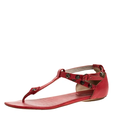 Pre-owned Balenciaga Red Leather Arena Studded Thong Sandals Size 39