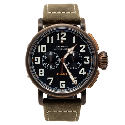 Pre-owned Zenith Black Pilot Bronzo Type 20 Chronograph Men's Watch 45mm