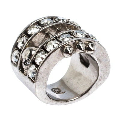 Pre-owned Alexander Mcqueen Skull Crystal Silver Tone Cocktail Ring Size 52.5