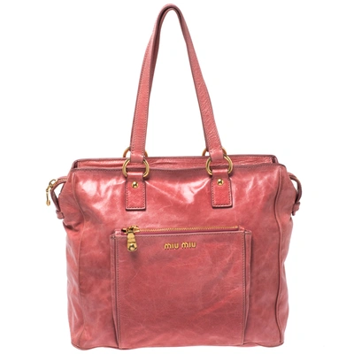 Pre-owned Miu Miu Coral Cracked Leather Satchel In Red