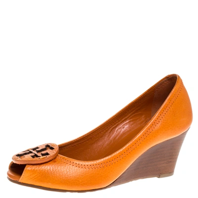 Pre-owned Tory Burch Orange Leather Logo Wedge Peep Toe Pumps Size 36.5