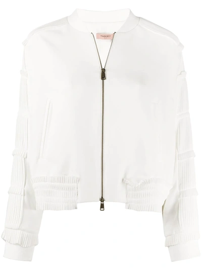 Twinset Pleated Trim Bomber Jacket In White