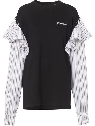 Burberry Contrast Sleeve Ruffle Detail Cotton Top In Black