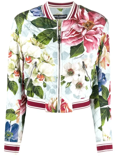 Dolce & Gabbana Blue Floral Print Quilted Bomber Jacket