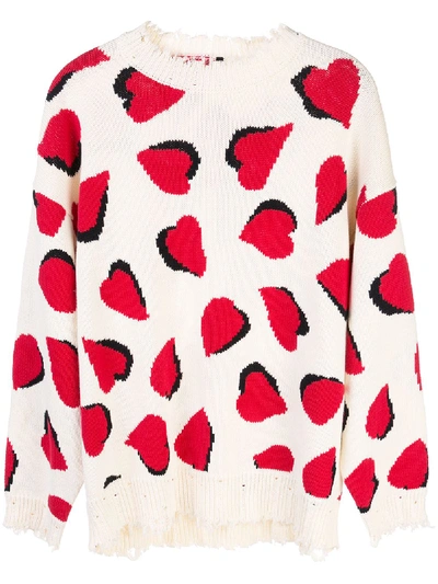 R13 Distressed Heart Intarsia Cotton Sweater In Ecru