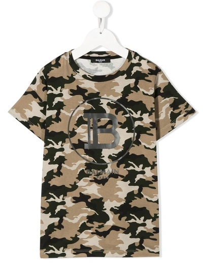 Balmain Kids' Logo Print Camouflage T-shirt In Neutrals