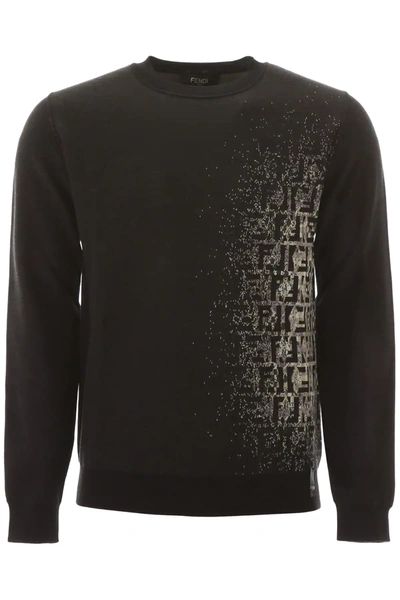 Fendi Black Intarsia Cotton Jumper In Black,red,grey