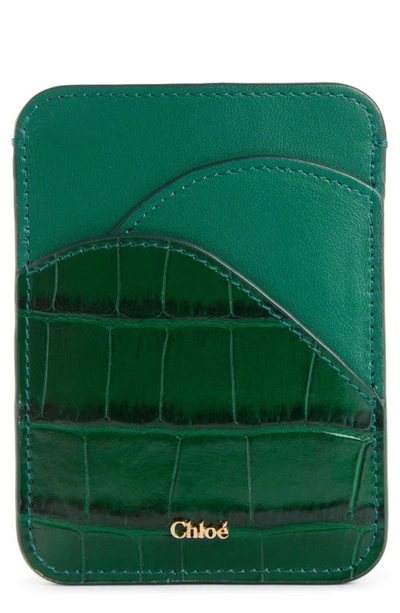 Chloé Walden Croc Embossed Leather Card Holder In Woodsy Green