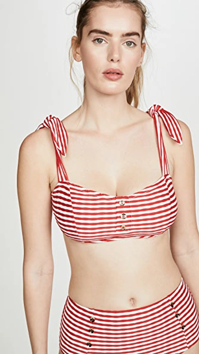 Shoshanna Texture Striped Button Bikini Top In Red/white