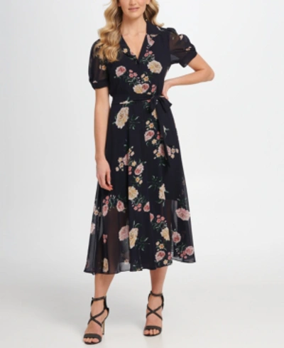 Dkny Floral Puff Sleeve Midi Shirtdress In Navy Blue Floral