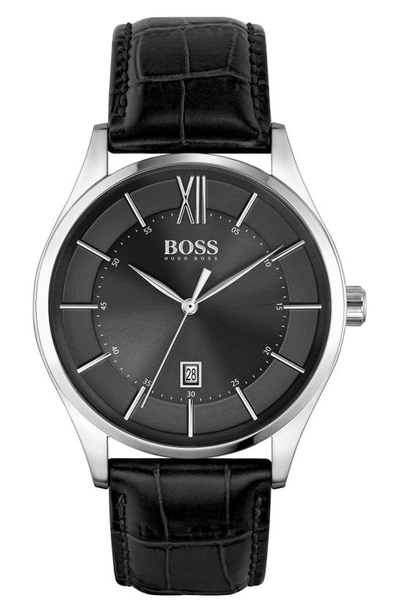 Hugo Boss Men's Distinction Black Leather Strap Watch 42mm Women's Shoes