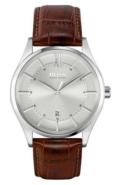Hugo Boss Men's Distinction Brown Leather Strap Watch 42mm Women's Shoes In Assorted-pre-pack