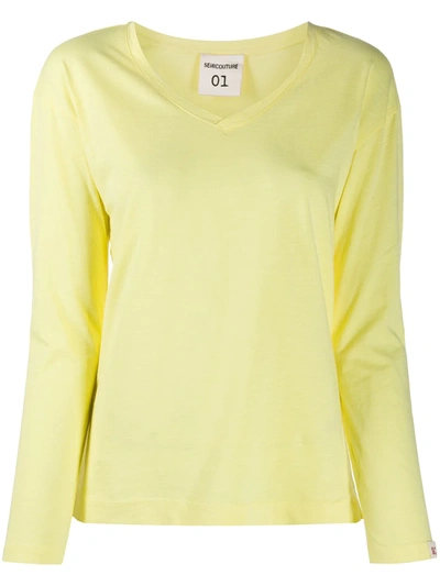 Semicouture V-neck Cotton T-shirt In Yellow