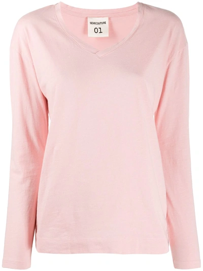 Semicouture V-neck Cotton T-shirt In Pink
