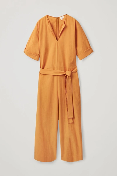 Cos Open V-neck Cotton Jumpsuit In Orange