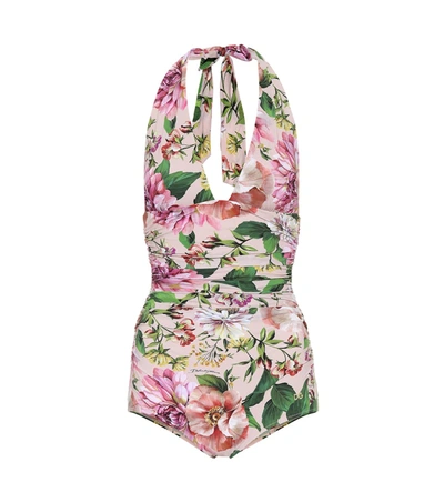 Dolce & Gabbana Floral Print Ruched One-piece Swimsuit In Pink