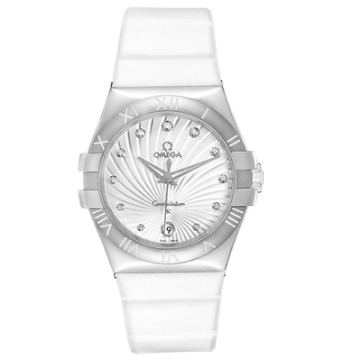 Pre-owned Omega Mop Diamonds Stainless Steel Constellation 123.12.35.60.52.001 Women's Wristwatch 35 Mm In White