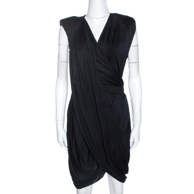 Pre-owned Givenchy Black Jersey Padded Shoulder Detail Draped Dress M