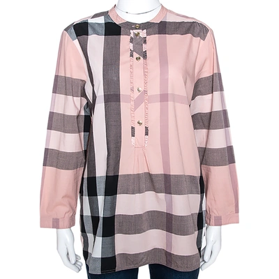 Pre-owned Burberry Pale Pink House Check Print Cotton Half Placket Shirt L