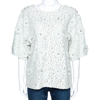 Pre-owned Chloé Vert D Eau Floral Lace Appliqued & Bead Embellished Blouse M In Green