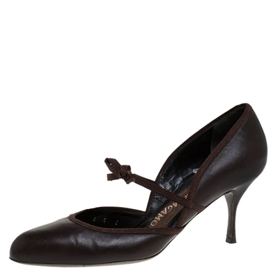 Pre-owned Ferragamo Brown Leather And Grosgrain Trim Bow Round Toe Pumps Size 36.5