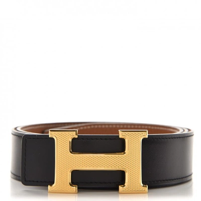 Pre-owned Hermes Guilloche H Box/togo Gold Plated 32mm Black